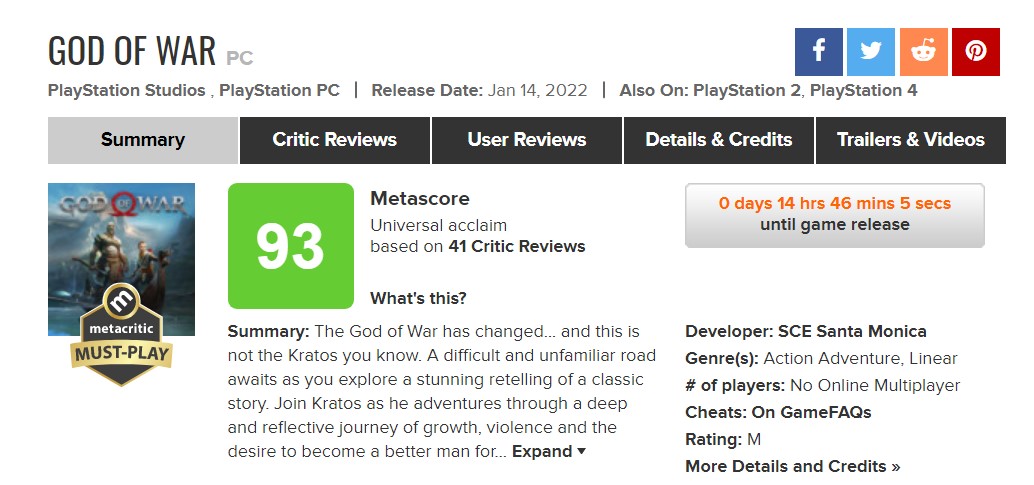 《战神4》 PC版M站平均分93分，GS  9分：目前没有差评。